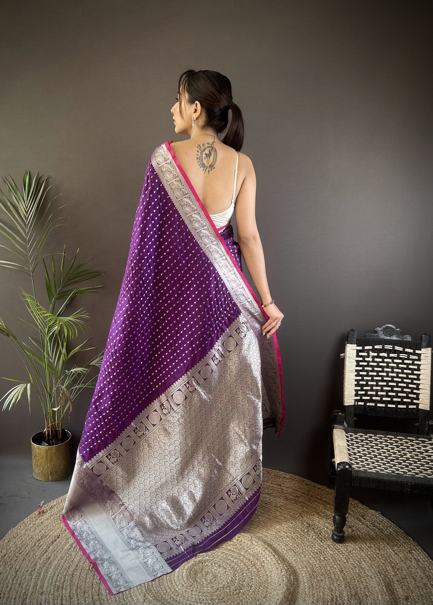 Elora Purple Soft Silk Small Butti Zari Weaving Border Banarasi Saree