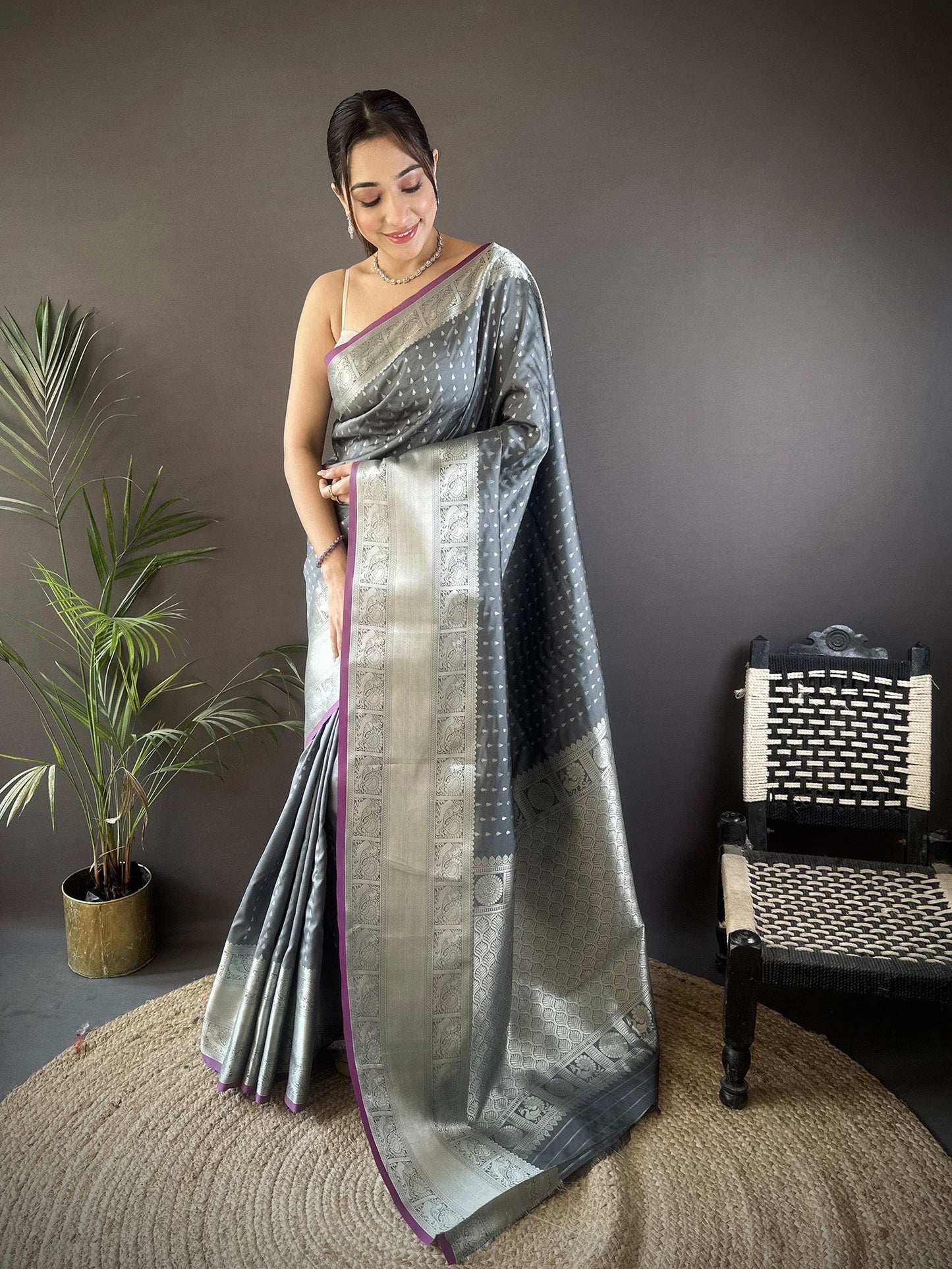 Elora Grey Soft Silk Small Butti Zari Weaving Border Banarasi Saree