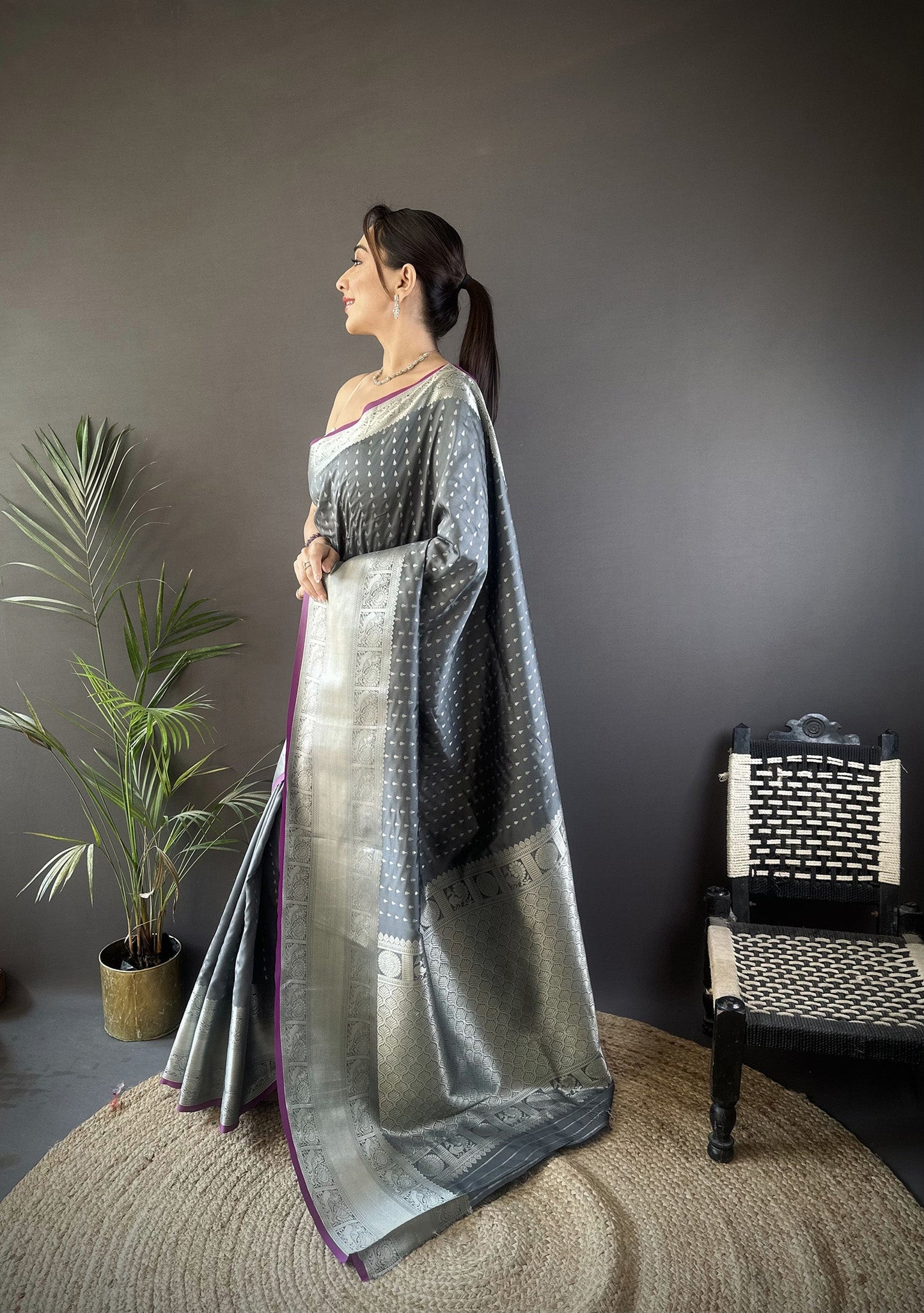 Elora Grey Soft Silk Small Butti Zari Weaving Border Banarasi Saree