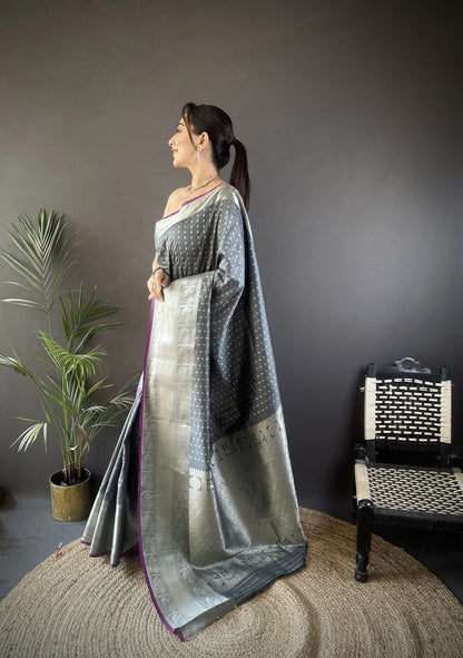 Elora Grey Soft Silk Small Butti Zari Weaving Border Banarasi Saree