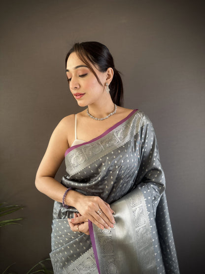 Elora Grey Soft Silk Small Butti Zari Weaving Border Banarasi Saree