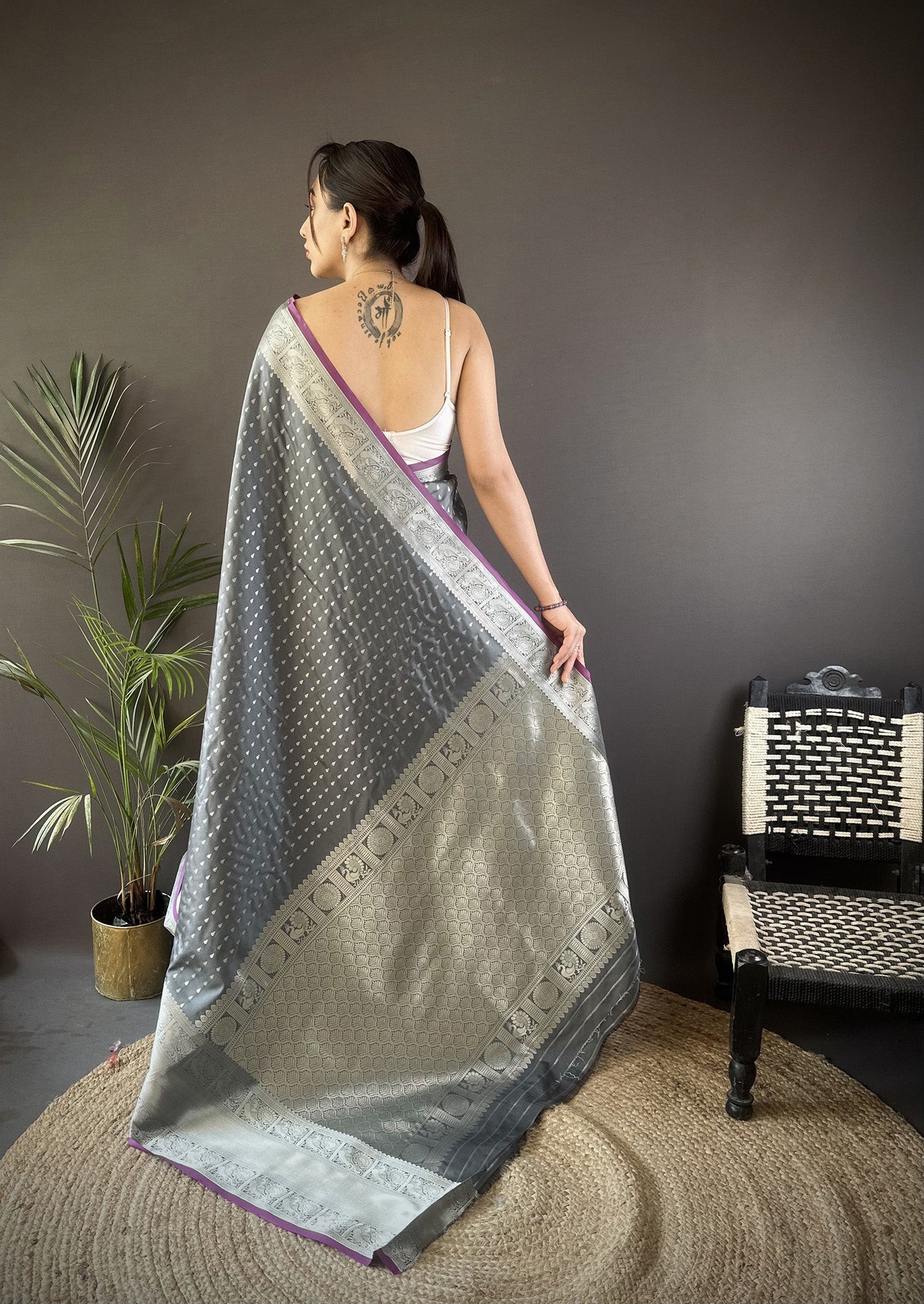 Elora Grey Soft Silk Small Butti Zari Weaving Border Banarasi Saree