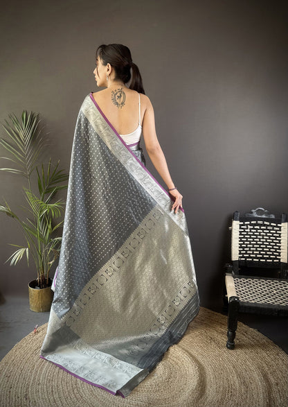 Elora Grey Soft Silk Small Butti Zari Weaving Border Banarasi Saree