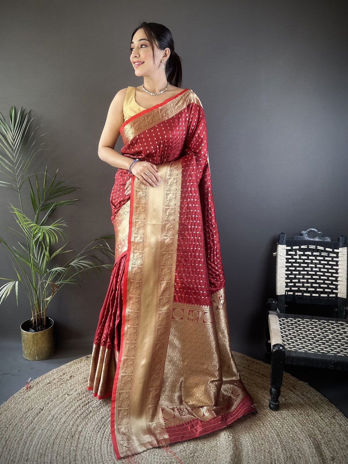 Elora Brick Red Soft Silk Small Butti Zari Weaving Border Banarasi Saree