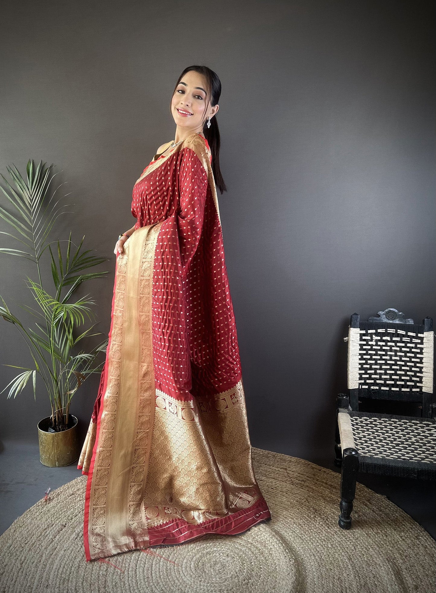 Elora Brick Red Soft Silk Small Butti Zari Weaving Border Banarasi Saree