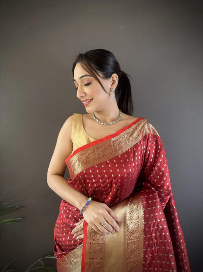 Elora Brick Red Soft Silk Small Butti Zari Weaving Border Banarasi Saree