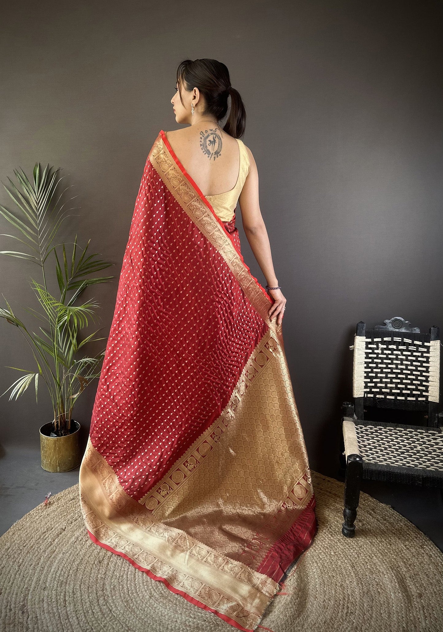 Elora Brick Red Soft Silk Small Butti Zari Weaving Border Banarasi Saree