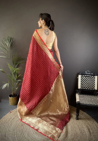 Elora Brick Red Soft Silk Small Butti Zari Weaving Border Banarasi Saree