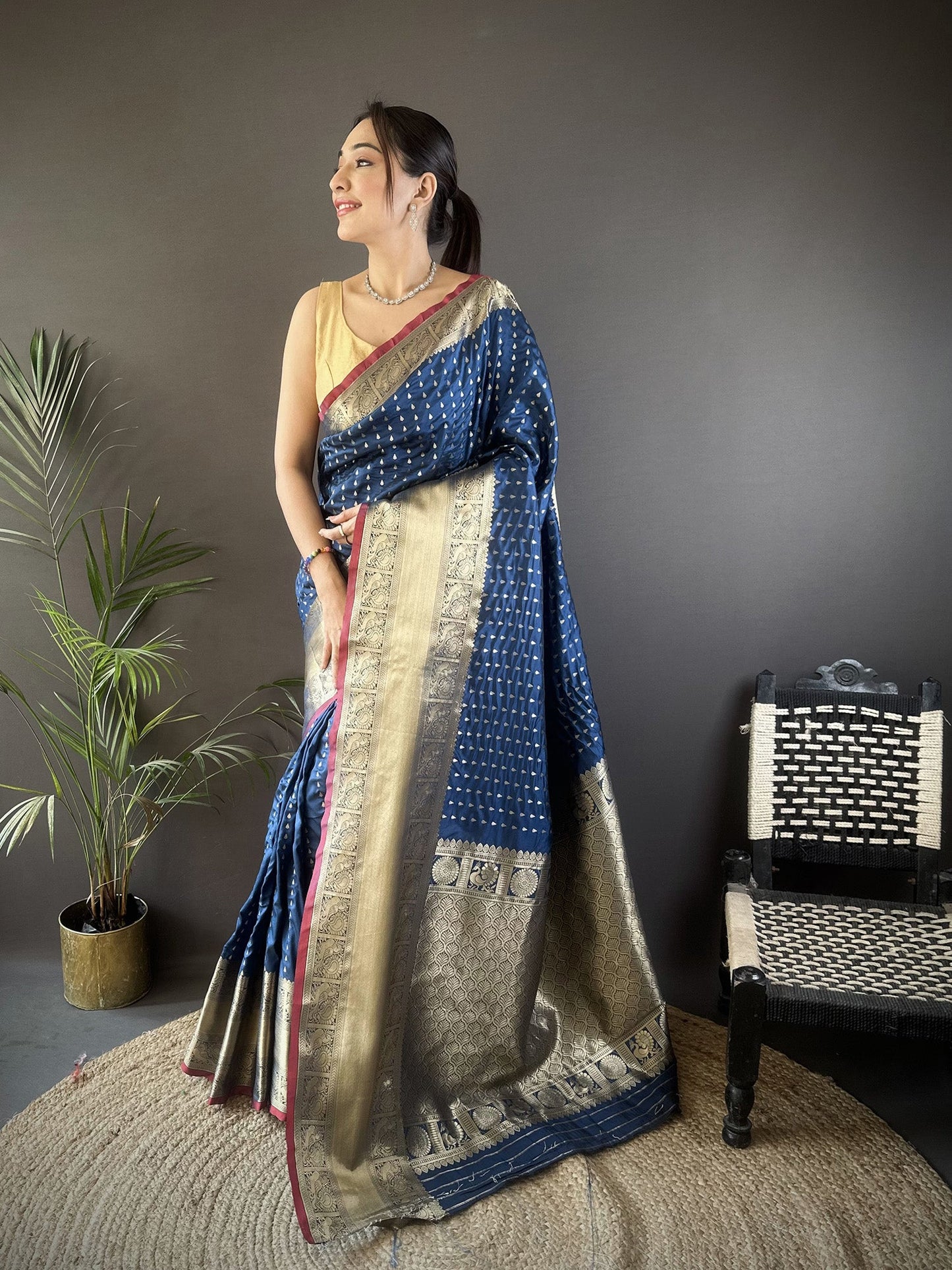 Elora Navy Blue Soft Silk Small Butti Zari Weaving Border Banarasi Saree