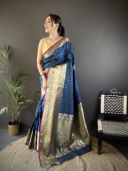 Elora Navy Blue Soft Silk Small Butti Zari Weaving Border Banarasi Saree