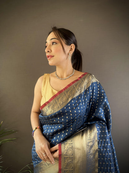 Elora Navy Blue Soft Silk Small Butti Zari Weaving Border Banarasi Saree