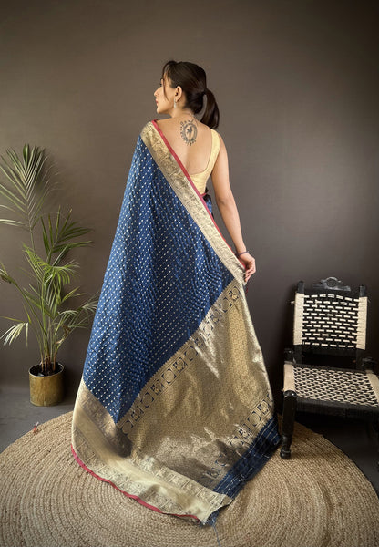 Elora Navy Blue Soft Silk Small Butti Zari Weaving Border Banarasi Saree