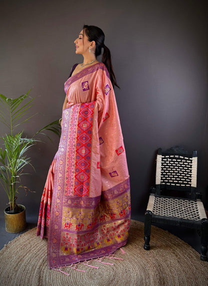 Elora Light Pink Soft Silk Small Butti Zari Weaving Contrast Weaving Border Banarasi Saree