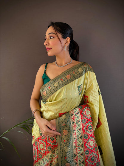 Elora Light Green Soft Silk Small Butti Zari Weaving Contrast Weaving Border Banarasi Saree