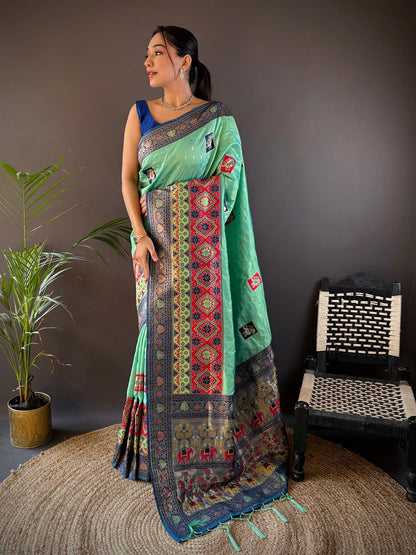 Elora Turquoise Soft Silk Small Butti Zari Weaving Contrast Weaving Border Banarasi Saree