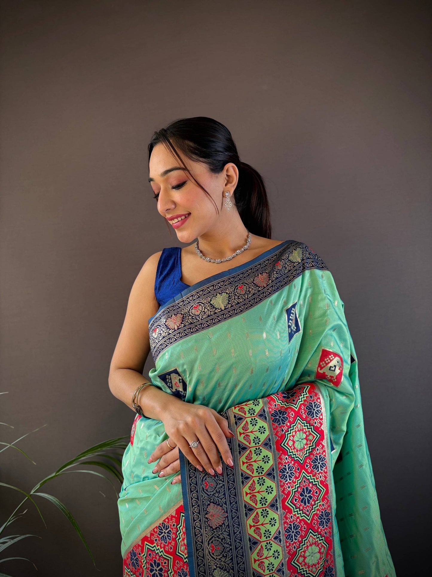 Elora Turquoise Soft Silk Small Butti Zari Weaving Contrast Weaving Border Banarasi Saree