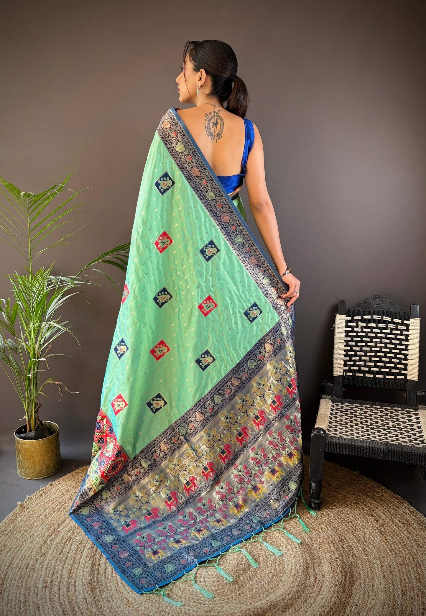 Elora Turquoise Soft Silk Small Butti Zari Weaving Contrast Weaving Border Banarasi Saree