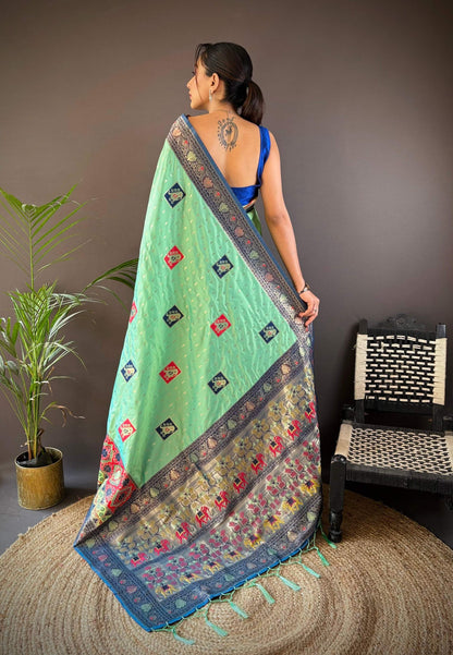 Elora Turquoise Soft Silk Small Butti Zari Weaving Contrast Weaving Border Banarasi Saree