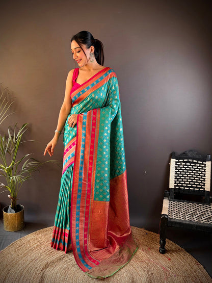 Elora Teal Soft Silk Butti Zari Weaving Work Banarasi Saree