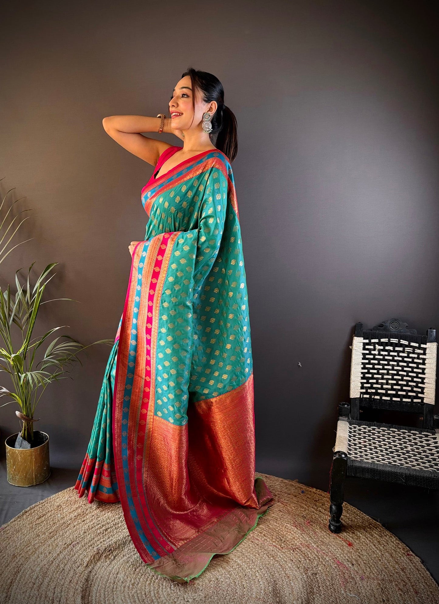 Elora Teal Soft Silk Butti Zari Weaving Work Banarasi Saree