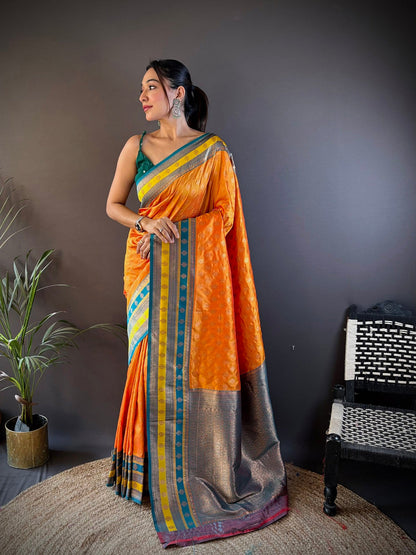 Elora Orange Soft Silk Butti Zari Weaving Work Banarasi Saree