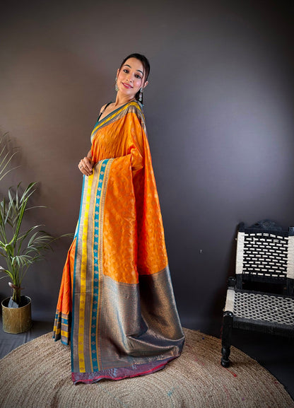 Elora Orange Soft Silk Butti Zari Weaving Work Banarasi Saree