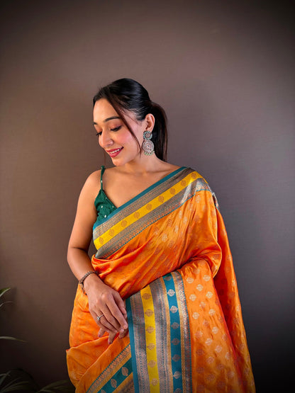 Elora Orange Soft Silk Butti Zari Weaving Work Banarasi Saree