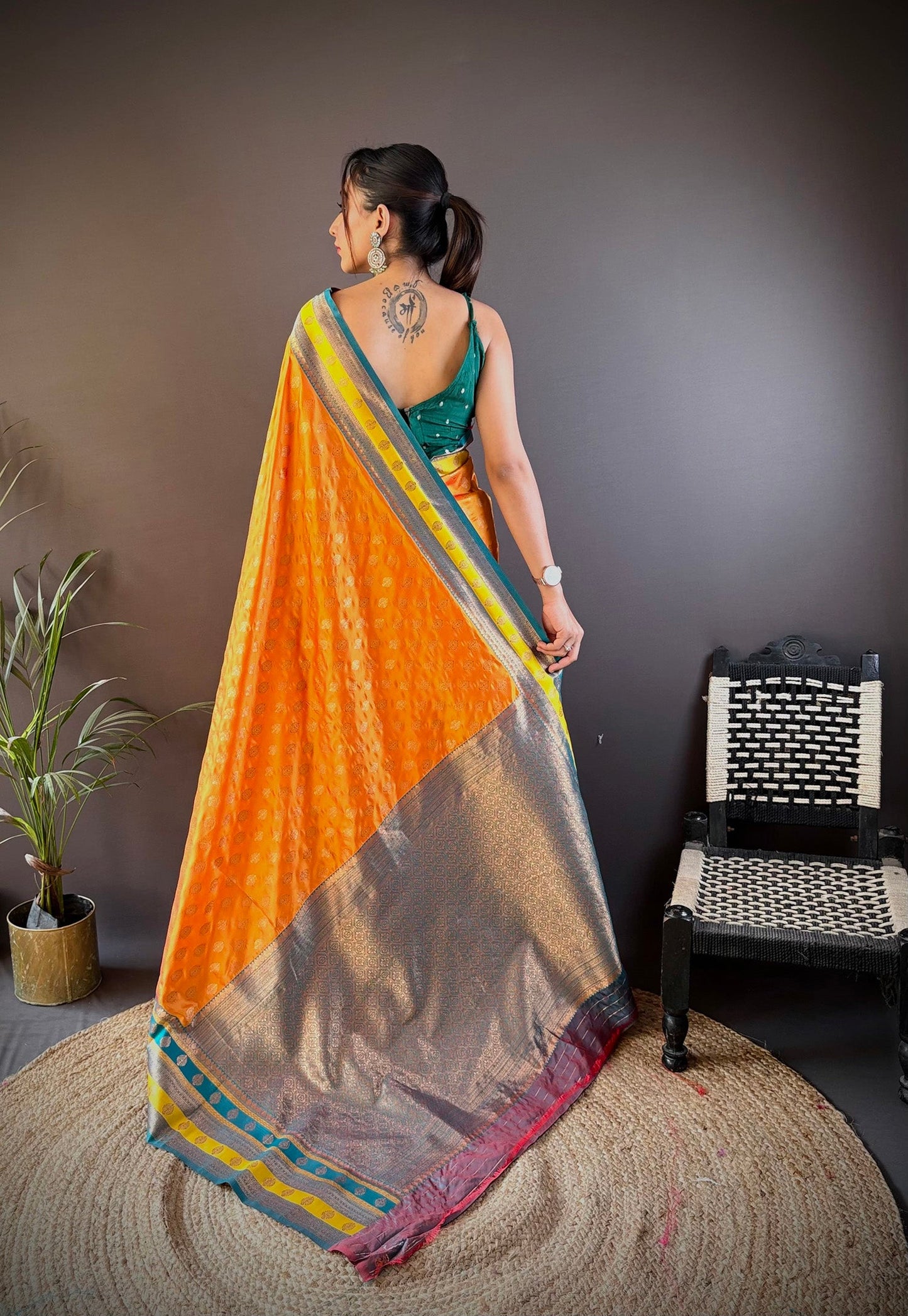 Elora Orange Soft Silk Butti Zari Weaving Work Banarasi Saree