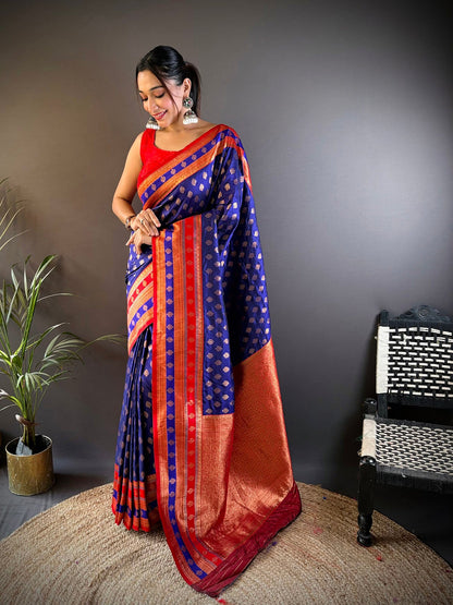 Elora Royal Blue Soft Silk Butti Zari Weaving Work Banarasi Saree