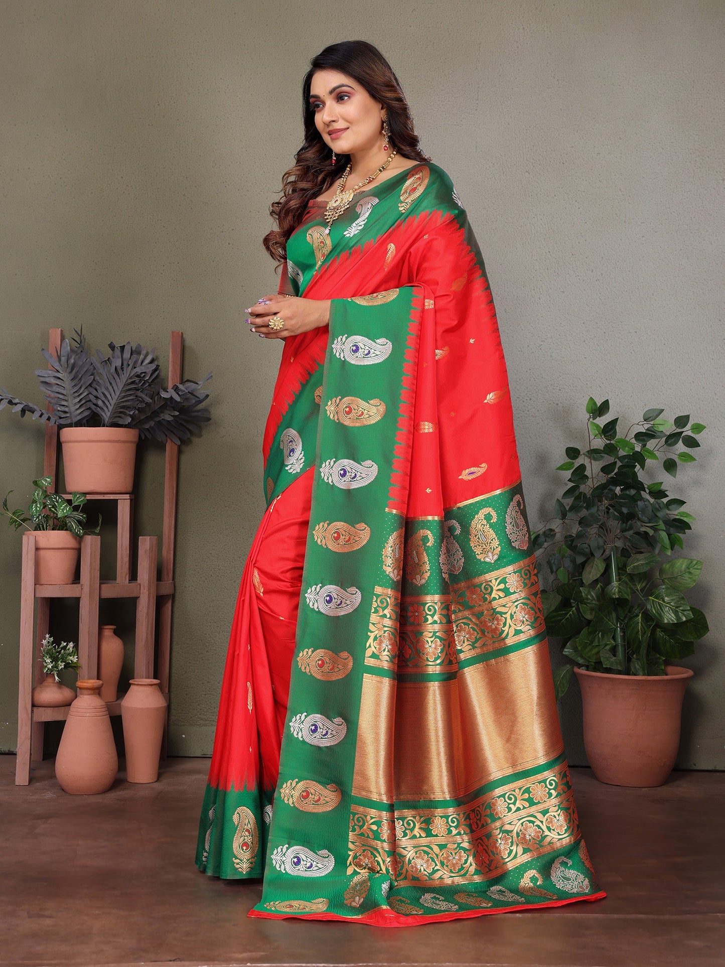 Elora Red Soft Silk Silver And Golden Zari Weaving Banarasi Saree With Paisley Zari Work Border