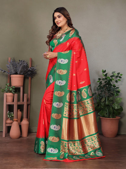 Elora Red Soft Silk Silver And Golden Zari Weaving Banarasi Saree With Paisley Zari Work Border