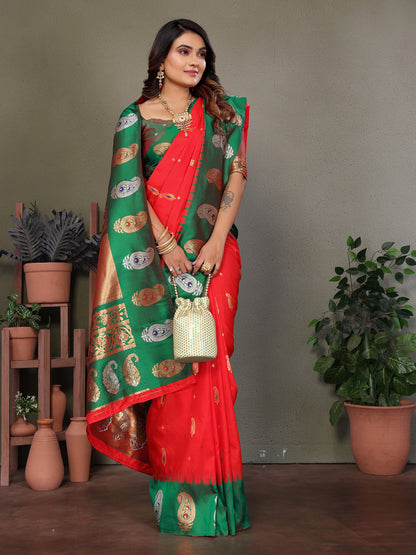 Elora Red Soft Silk Silver And Golden Zari Weaving Banarasi Saree With Paisley Zari Work Border