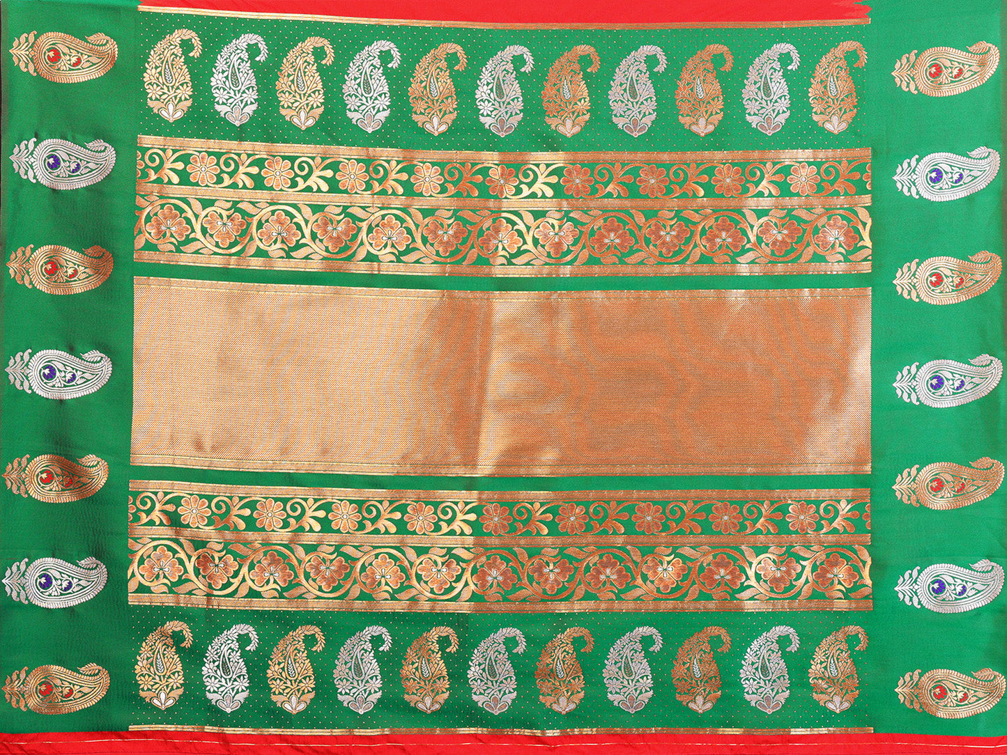 Elora Red Soft Silk Silver And Golden Zari Weaving Banarasi Saree With Paisley Zari Work Border