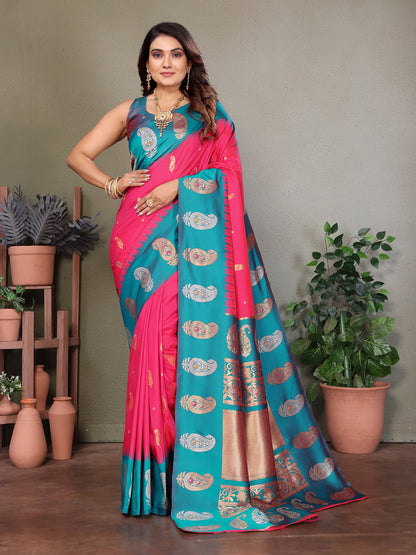 Elora Pink Soft Silk Silver And Golden Zari Weaving Banarasi Saree With Paisley Zari Work Border