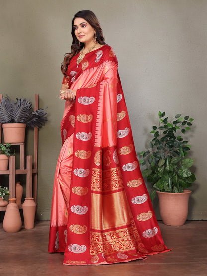 Elora Pink Soft Silk Silver And Golden Zari Weaving Banarasi Saree With Paisley Zari Work Border