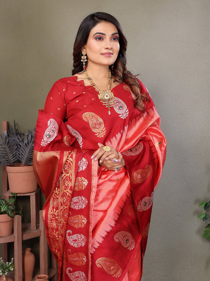 Elora Pink Soft Silk Silver And Golden Zari Weaving Banarasi Saree With Paisley Zari Work Border