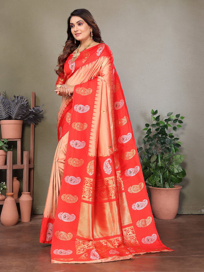 Elora Peach Soft Silk Silver And Golden Zari Weaving Banarasi Saree With Paisley Zari Work Border