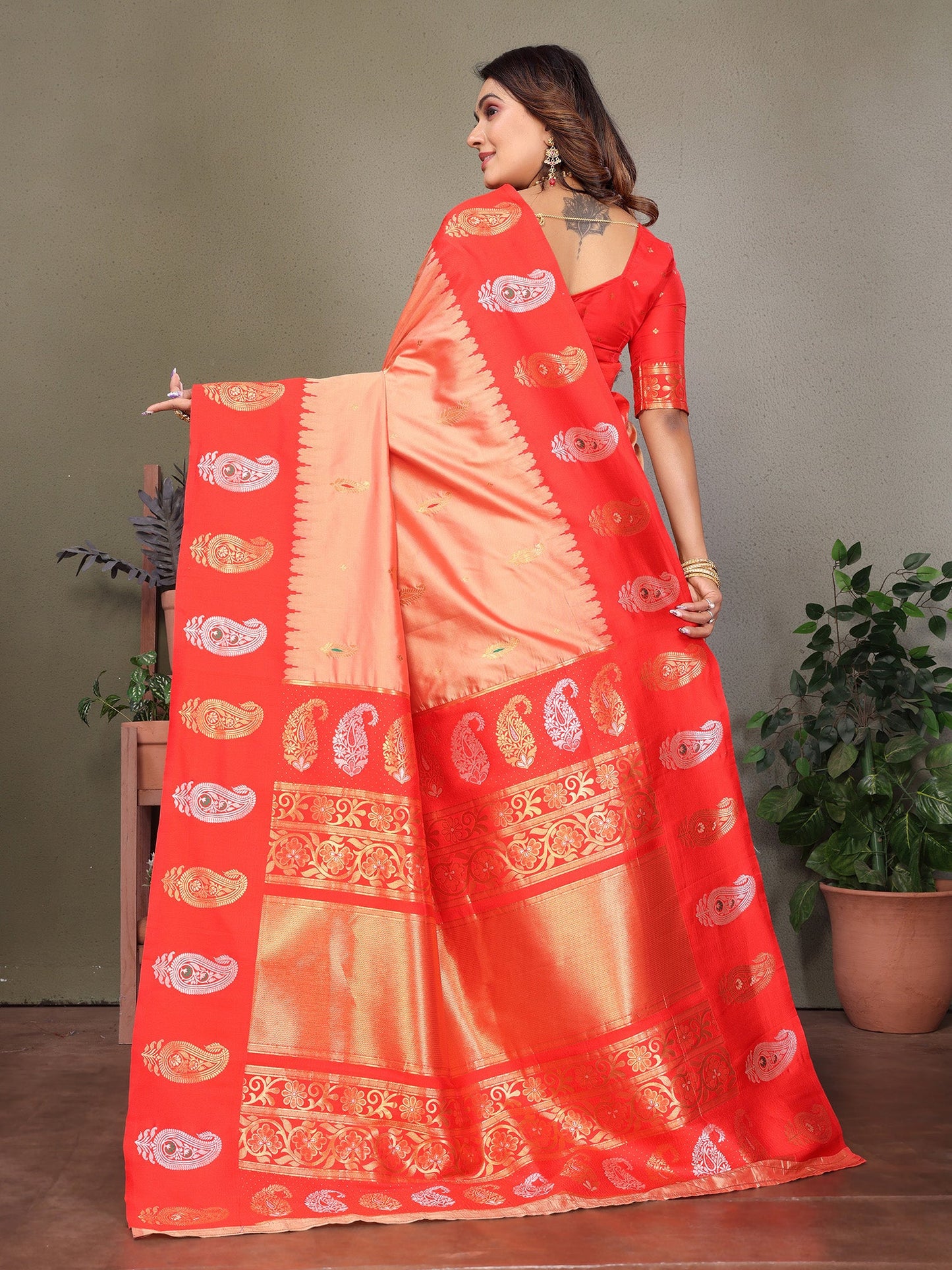 Elora Peach Soft Silk Silver And Golden Zari Weaving Banarasi Saree With Paisley Zari Work Border