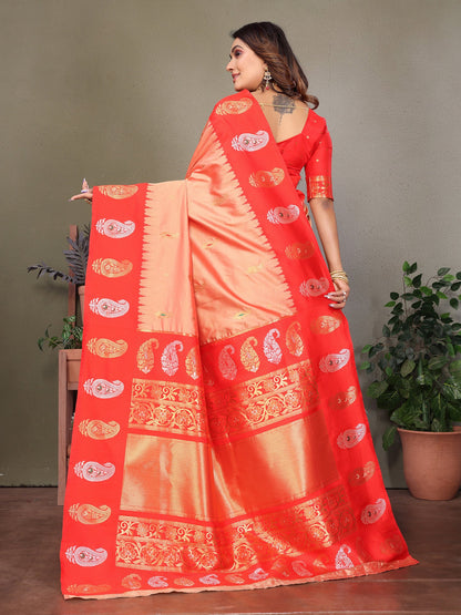 Elora Peach Soft Silk Silver And Golden Zari Weaving Banarasi Saree With Paisley Zari Work Border