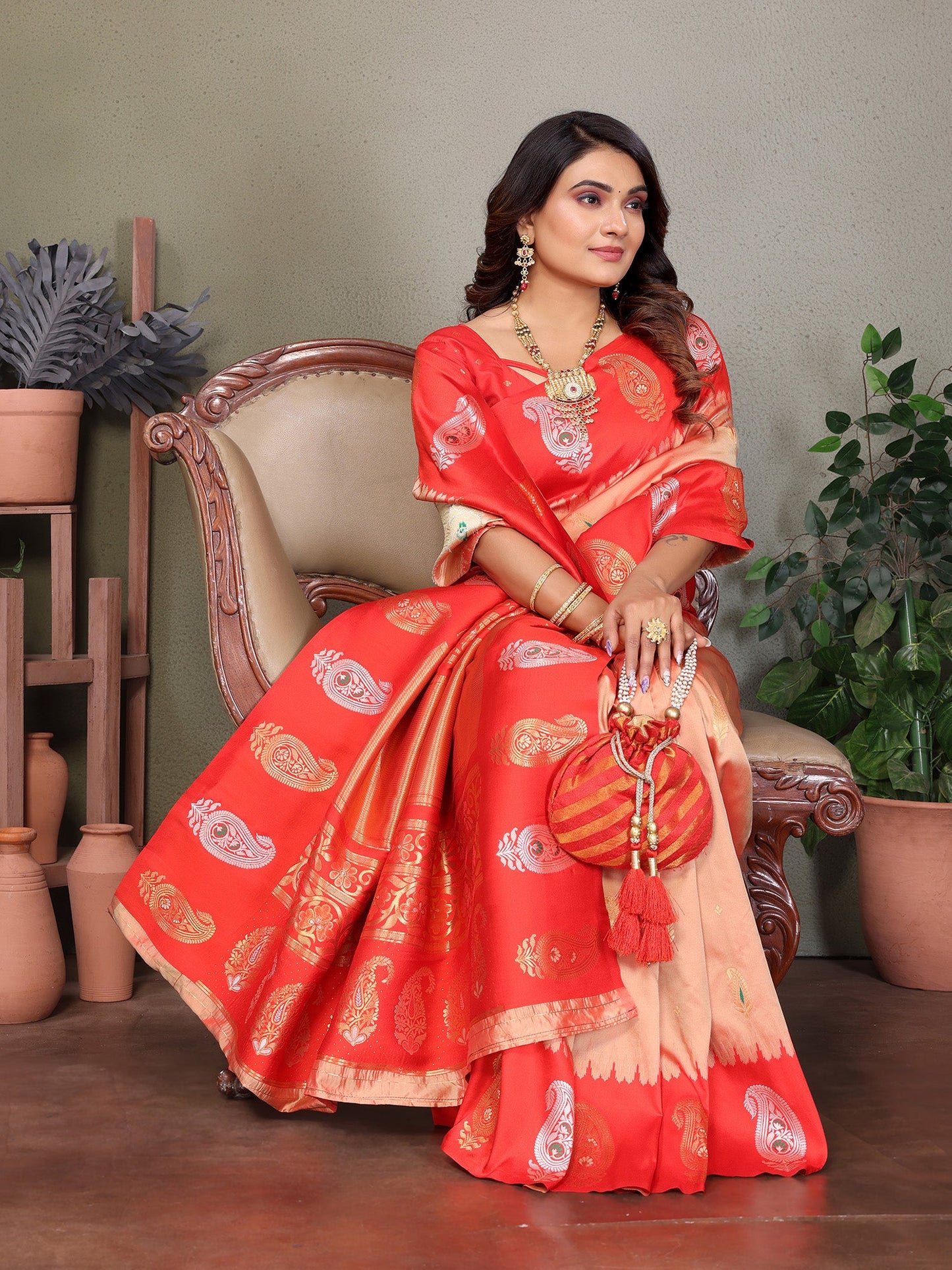 Elora Peach Soft Silk Silver And Golden Zari Weaving Banarasi Saree With Paisley Zari Work Border