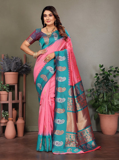 Elora Pink Soft Silk Silver And Golden Zari Weaving Banarasi Saree With Paisley Zari Work Border