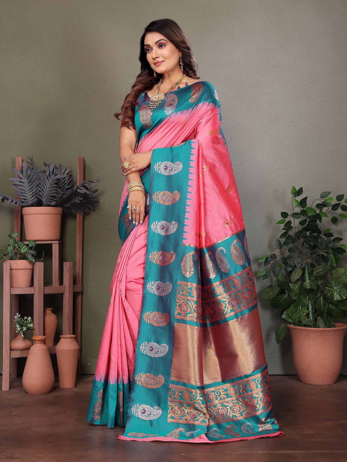 Elora Pink Soft Silk Silver And Golden Zari Weaving Banarasi Saree With Paisley Zari Work Border