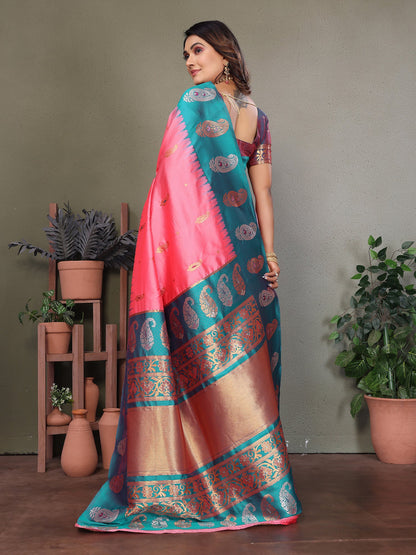 Elora Pink Soft Silk Silver And Golden Zari Weaving Banarasi Saree With Paisley Zari Work Border