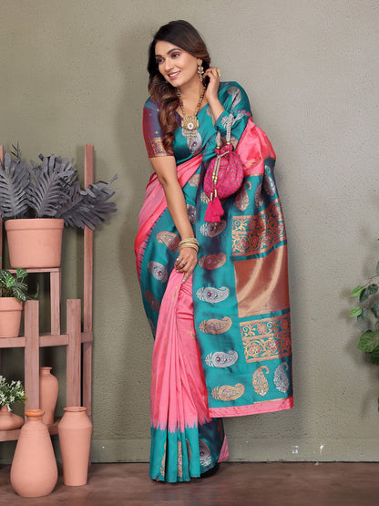 Elora Pink Soft Silk Silver And Golden Zari Weaving Banarasi Saree With Paisley Zari Work Border