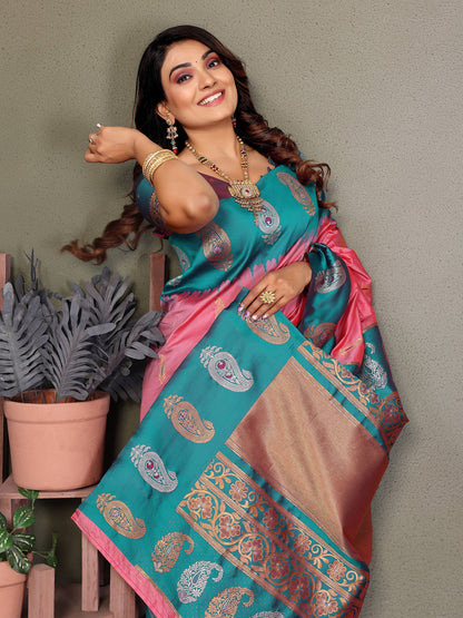 Elora Pink Soft Silk Silver And Golden Zari Weaving Banarasi Saree With Paisley Zari Work Border