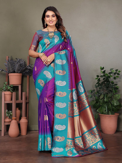 Elora Purple Soft Silk Silver And Golden Zari Weaving Banarasi Saree With Paisley Zari Work Border