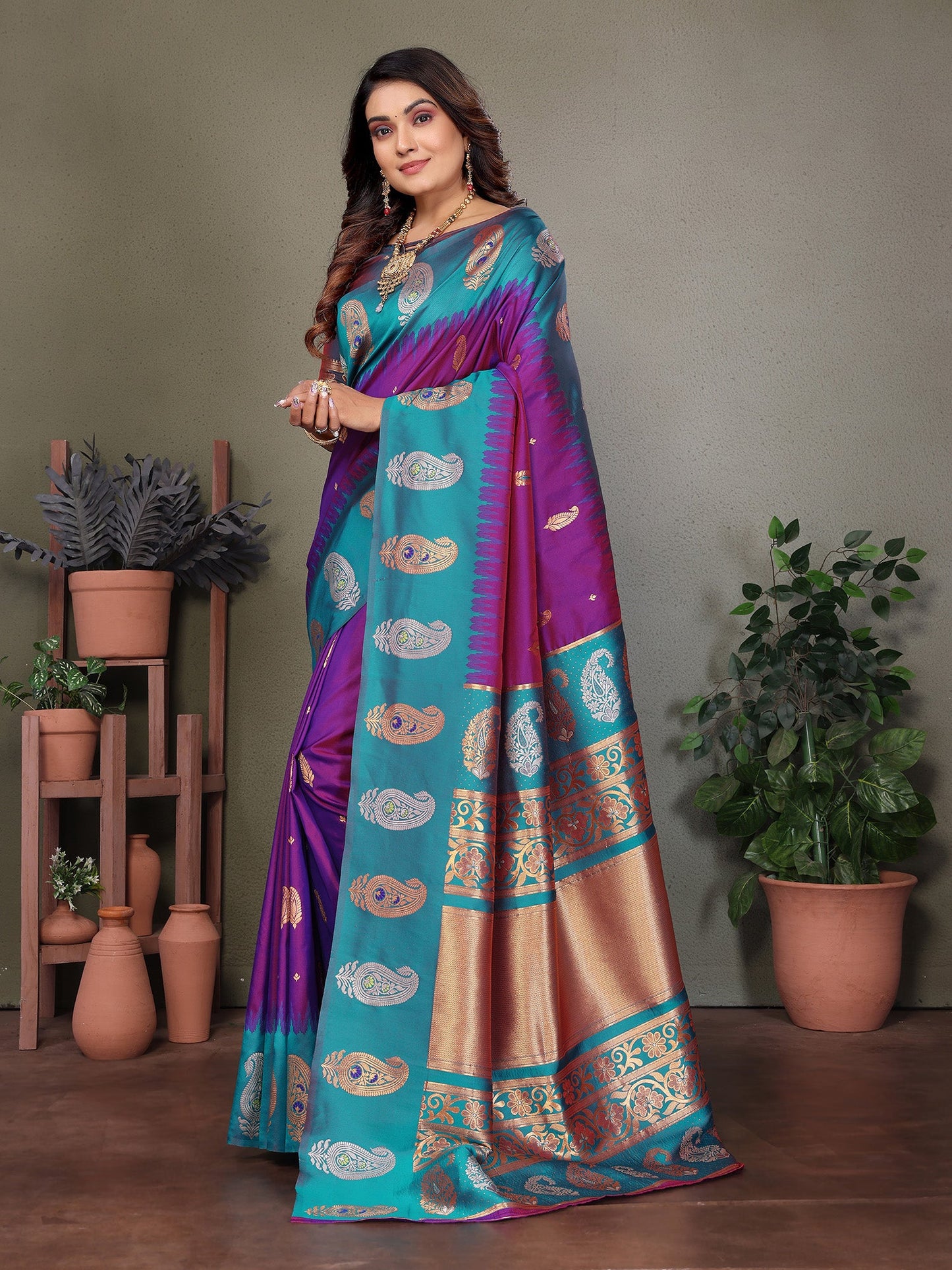 Elora Purple Soft Silk Silver And Golden Zari Weaving Banarasi Saree With Paisley Zari Work Border
