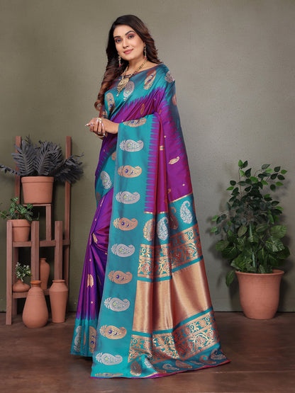 Elora Purple Soft Silk Silver And Golden Zari Weaving Banarasi Saree With Paisley Zari Work Border