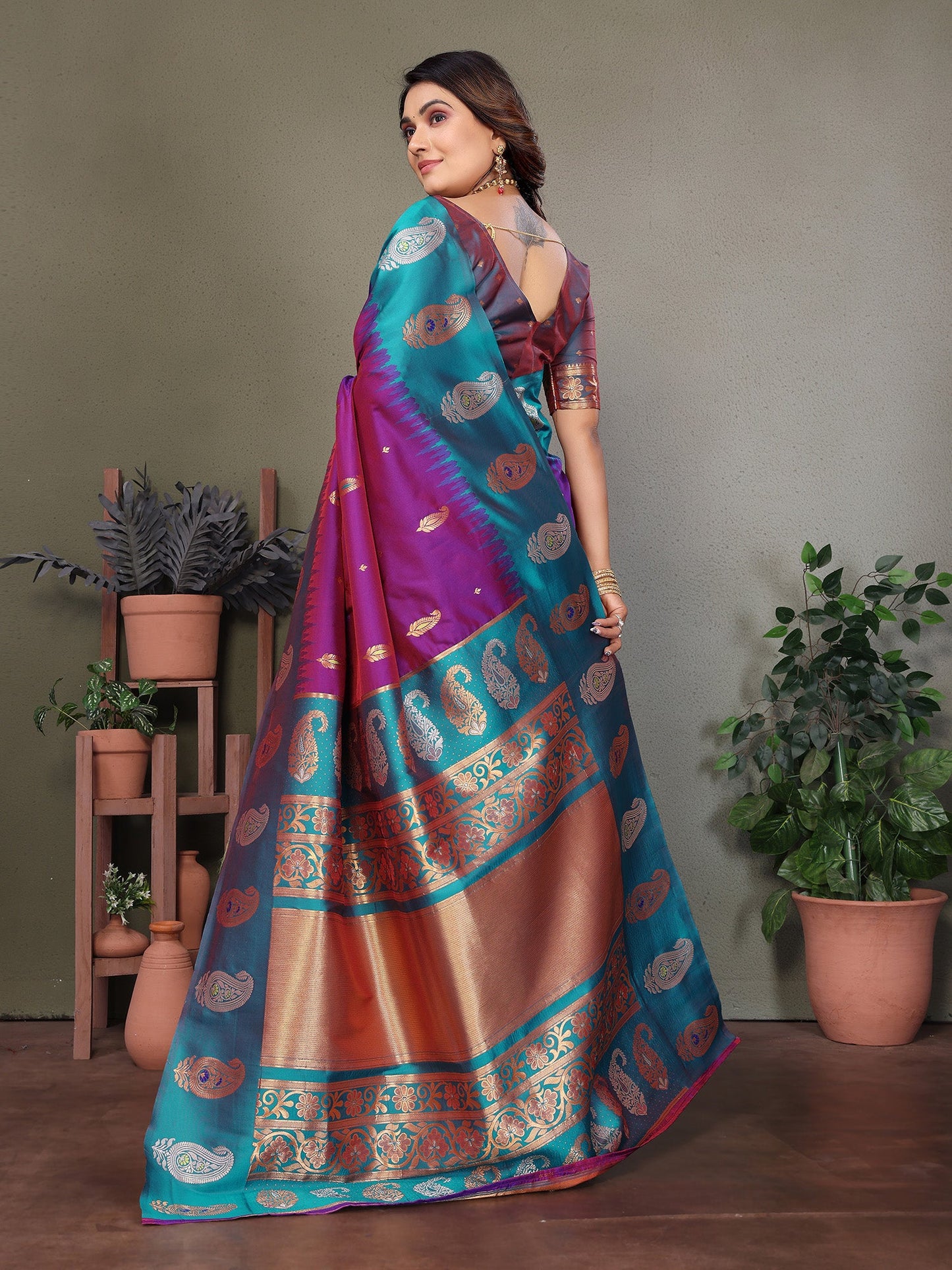 Elora Purple Soft Silk Silver And Golden Zari Weaving Banarasi Saree With Paisley Zari Work Border