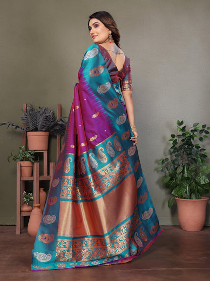 Elora Purple Soft Silk Silver And Golden Zari Weaving Banarasi Saree With Paisley Zari Work Border